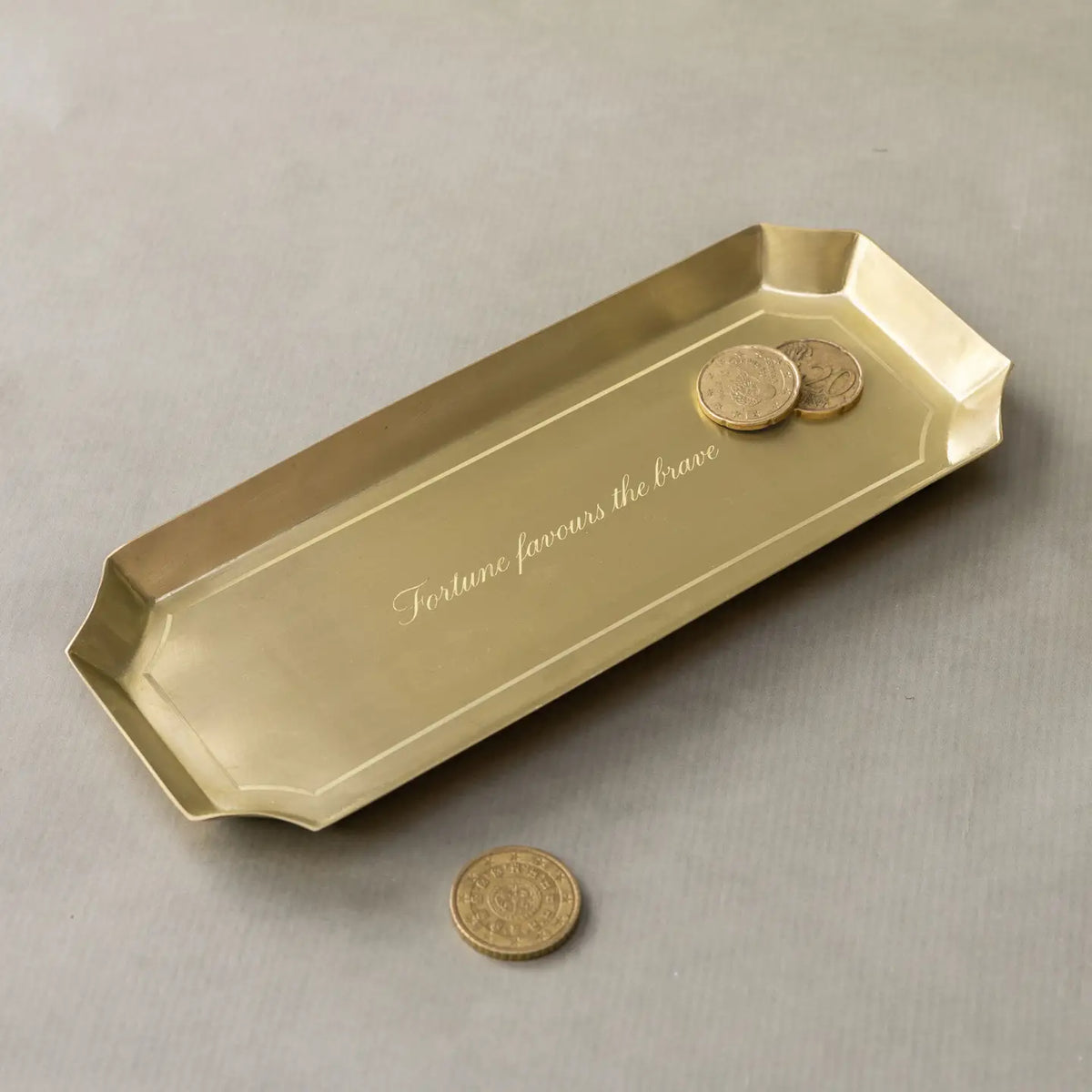 Brass tray with engraved Fortune Favours the Brave, perfect for coins; Bungalow Furniture & Accessories.