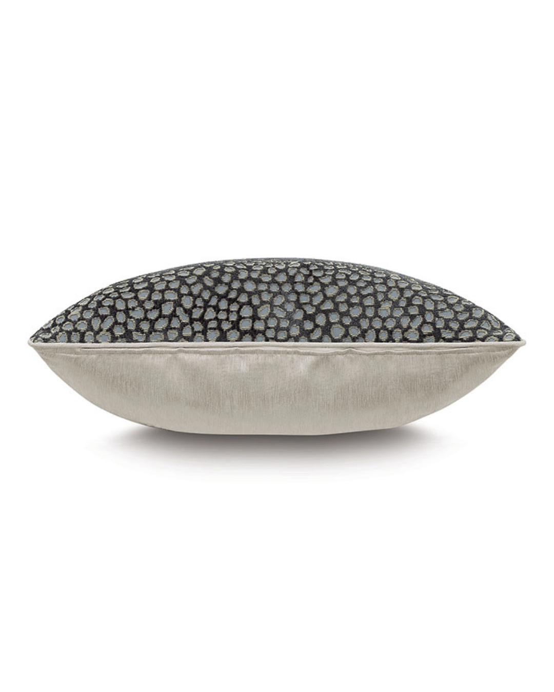 The Esmeralda Ocelot Pillow by Eastern Accents features a textured black and gray chenille top with a metallic silver bottom, shown in side profile on a white background.