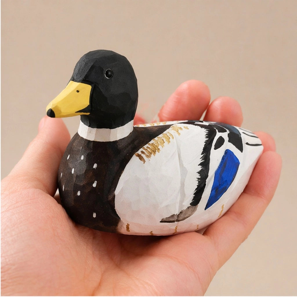 Faire black hand-painted carved basswood duck figurine held in hand, rustic accent from Bungalow Furniture & Accessories.