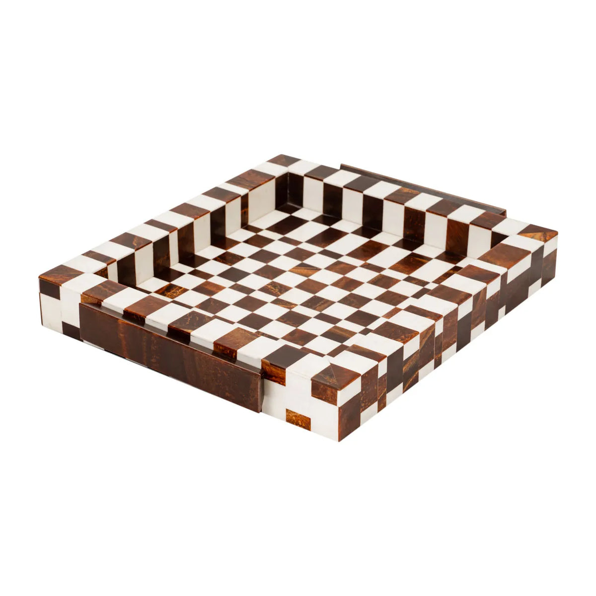 Brown and white checkered square coffee table tray from Bungalow Furniture &amp; Accessories.