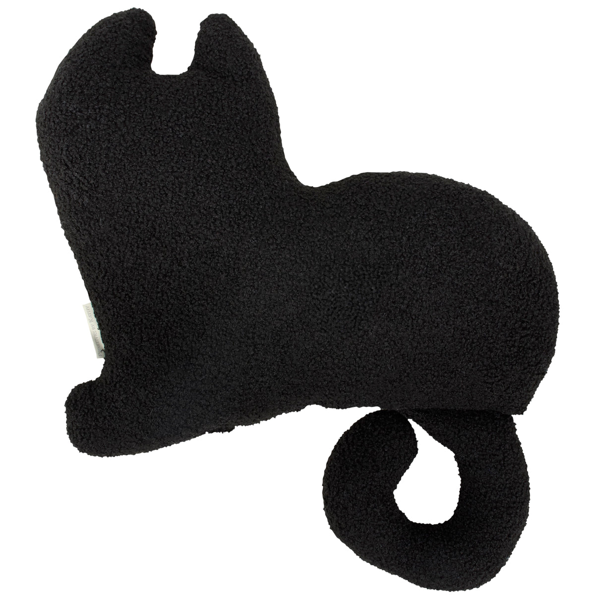 Black cat-shaped pillow with curled tail and upright ears, Bungalow Furniture & Accessories, black on white background.