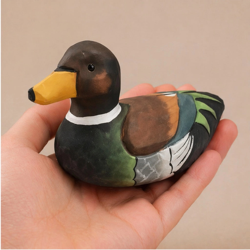 Faire Hand-Painted Carved Basswood Duck in brown held in hand, rustic decor accent from Bungalow Furniture & Accessories.