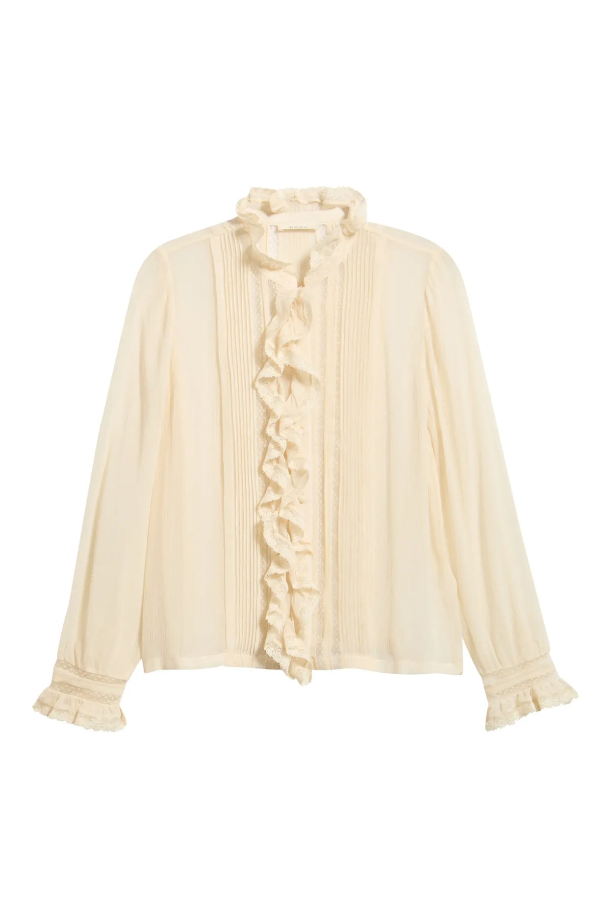 Cream long-sleeve blouse with lace ruffles and pintucks by DOEN, Magdeleine Top, tailored feminine silhouette.