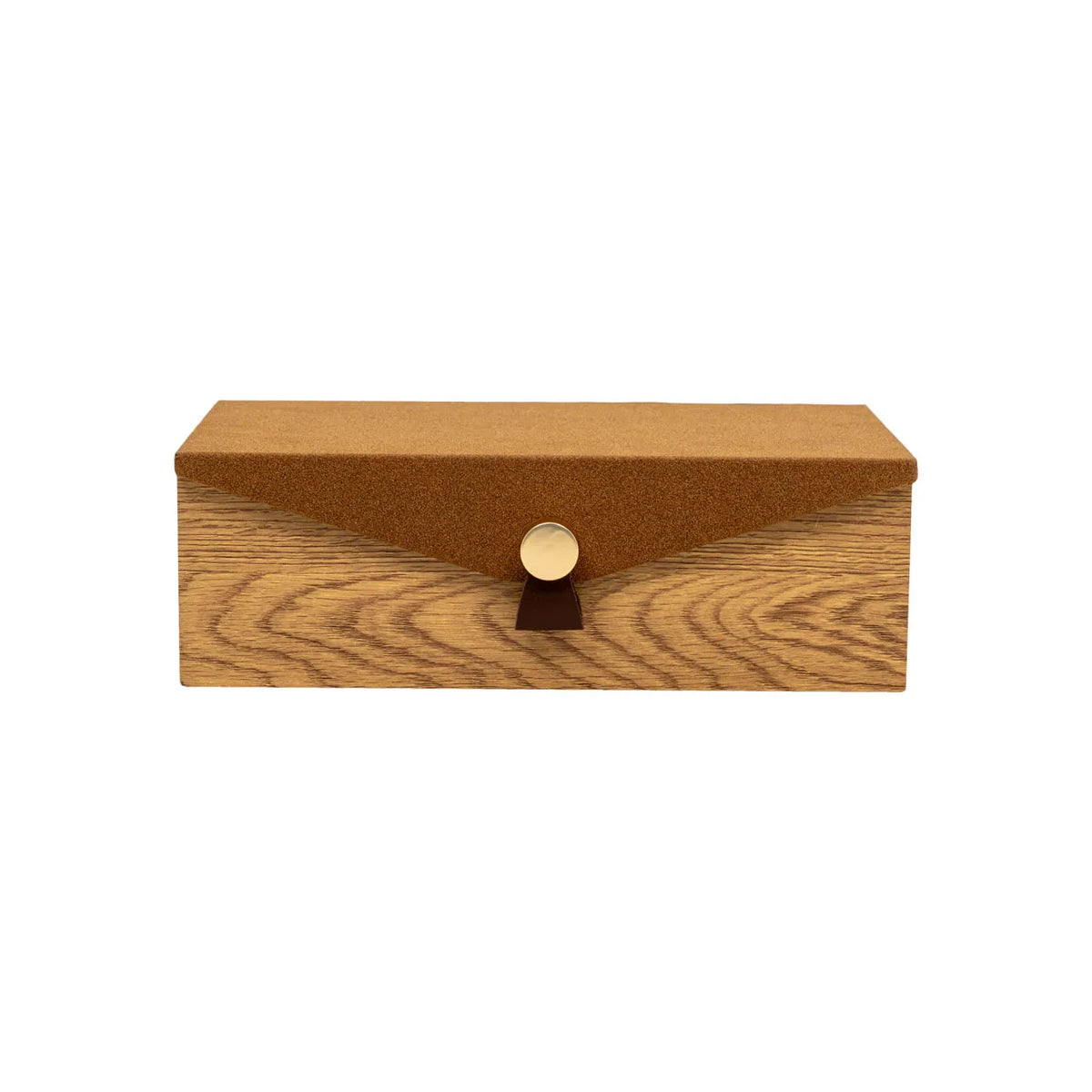Harriett wood grain storage box with brown felt lid and gold button clasp by Bungalow Furniture & Accessories.