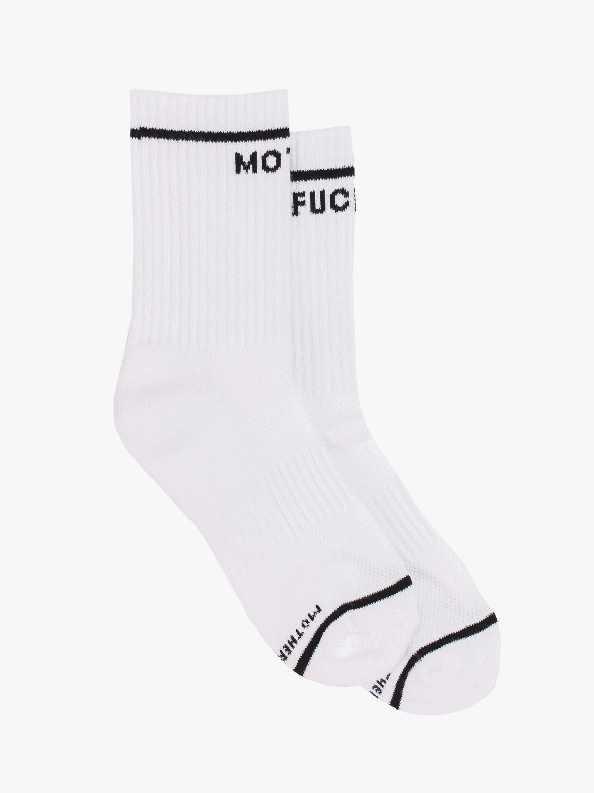 A pair of white "Baby Steps" tube socks by Mother with black trim at the top and the word "MOTHERFUCKER" partially visible in black near the cuff.