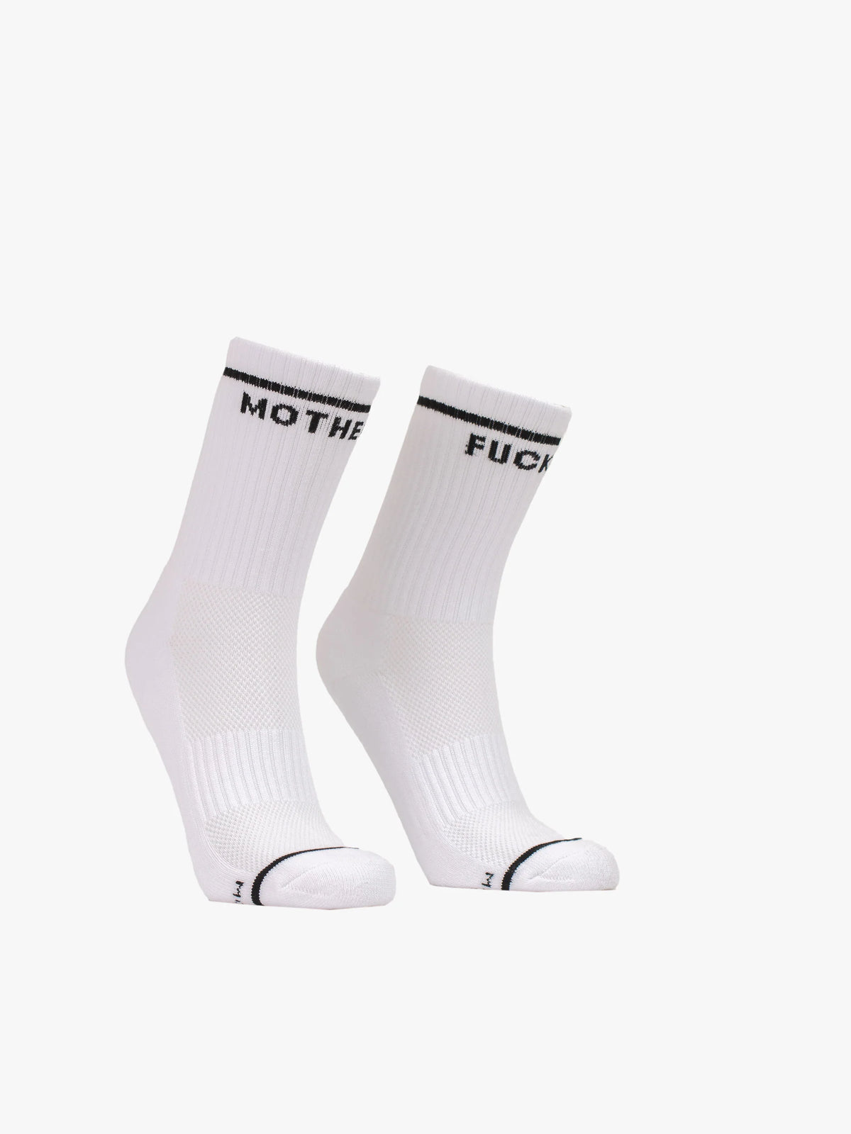 A pair of white tube socks from Mother, called "Baby Steps," featuring black stripes at the top and "MOTHER" on one sock and "FUCKER" on the other in black lettering.