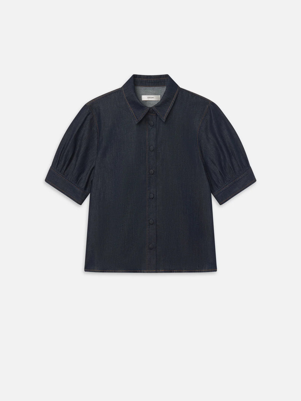 Short-sleeve lightweight denim shirt with structured sleeves and pointed collar by FRAME, blue, womens top.