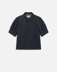 Short-sleeve lightweight denim shirt with structured sleeves and pointed collar by FRAME, blue, womens top.