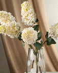 The Indaba Hydrangea Paniculata Stem features five lifelike faux stems arranged in a clear glass vase with white daisy patterns, displayed against a beige curtain and light-colored wall.