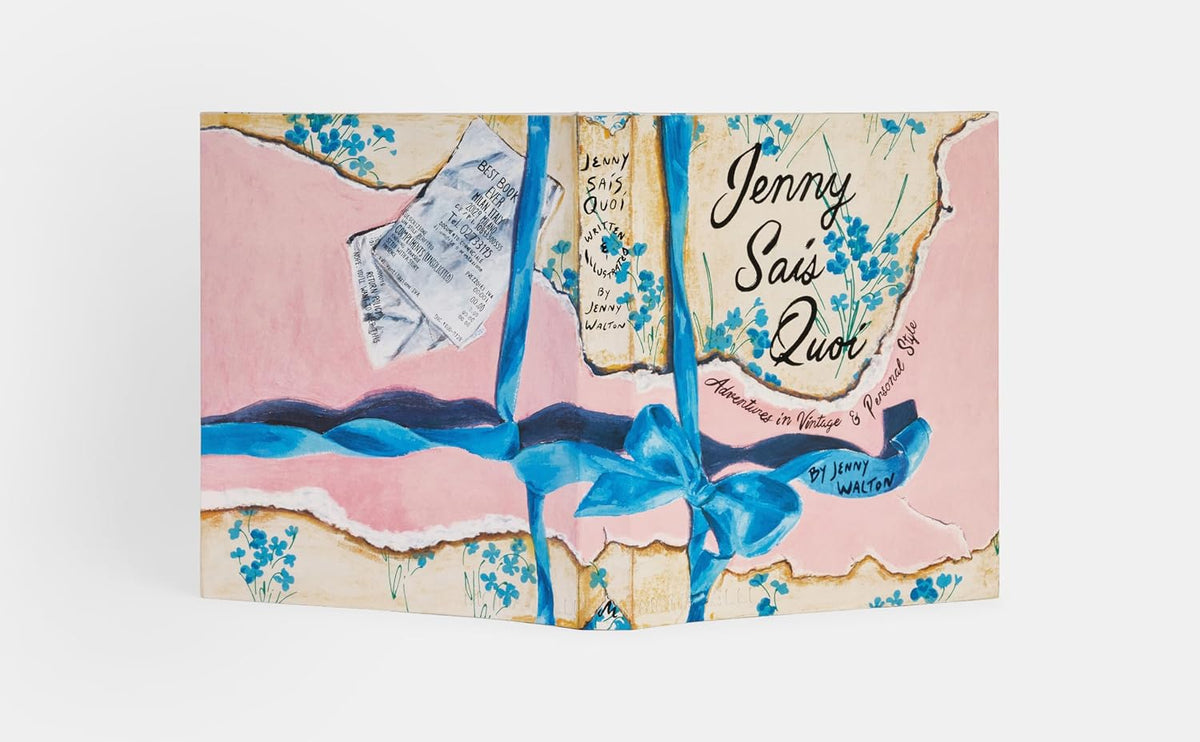 Jenny Sais Quoi book with pink and blue ribbon, floral design, vintage ticket cover by Hachette Book Group.