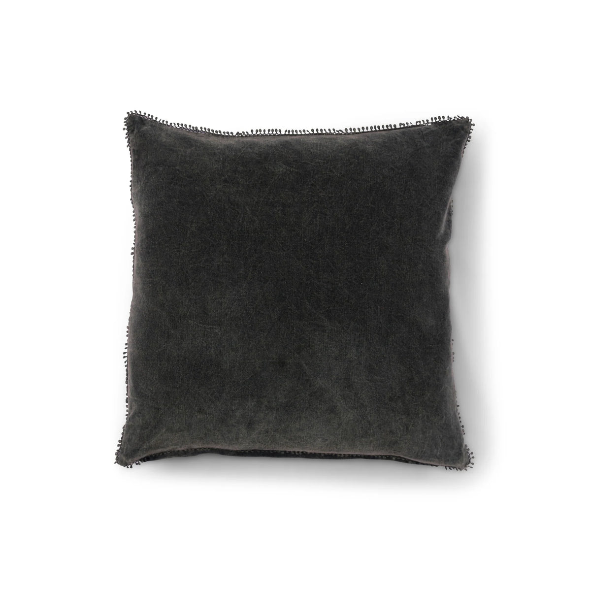 Sugarboo Designs Velvet Pillow W/ Poms features a soft, dark gray velvet texture with subtle stitched edging, displayed against a plain white background.