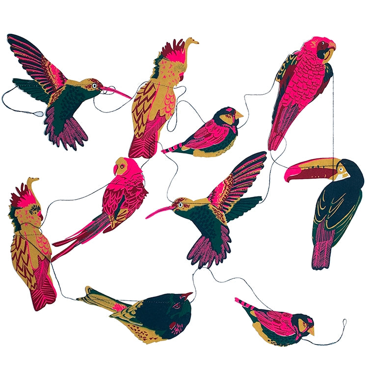 Colorful paper bird garland by The Faire, illustrated birds on white, strung together for playful decor.