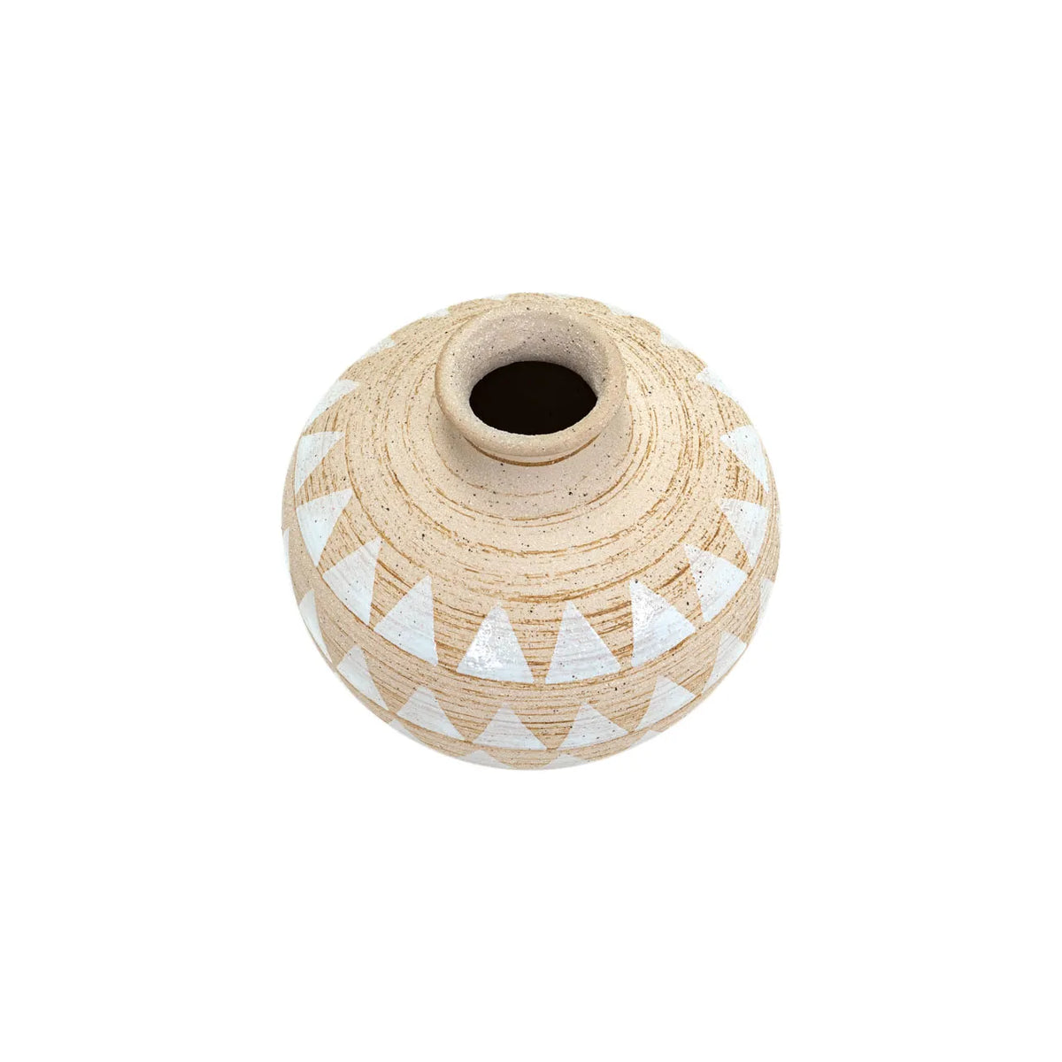 The Presden Short Vase by The Import Collection is a round, beige ceramic vase with a narrow opening, white painted triangle rows, and a textured speckled finish—an artful accent for any modern vase collection.
