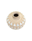 The Presden Short Vase by The Import Collection is a round, beige ceramic vase with a narrow opening, white painted triangle rows, and a textured speckled finish—an artful accent for any modern vase collection.