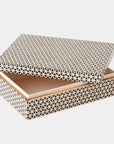 The Infinity Box L by Global Views is a rectangular box with its lid slightly open, showcasing a repeating pattern of small black triangles on a beige background. The box appears to be made of cardboard or lightweight wood.