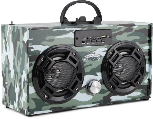 The Faire Green Camo Wireless Boombox with FM Radio features a vintage-inspired design, two black speakers, a central silver knob, Bluetooth connectivity, and a top handle—blending retro camouflage style with modern sound.