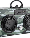 The Faire Green Camo Wireless Boombox with FM Radio features a vintage-inspired design, two black speakers, a central silver knob, Bluetooth connectivity, and a top handle—blending retro camouflage style with modern sound.