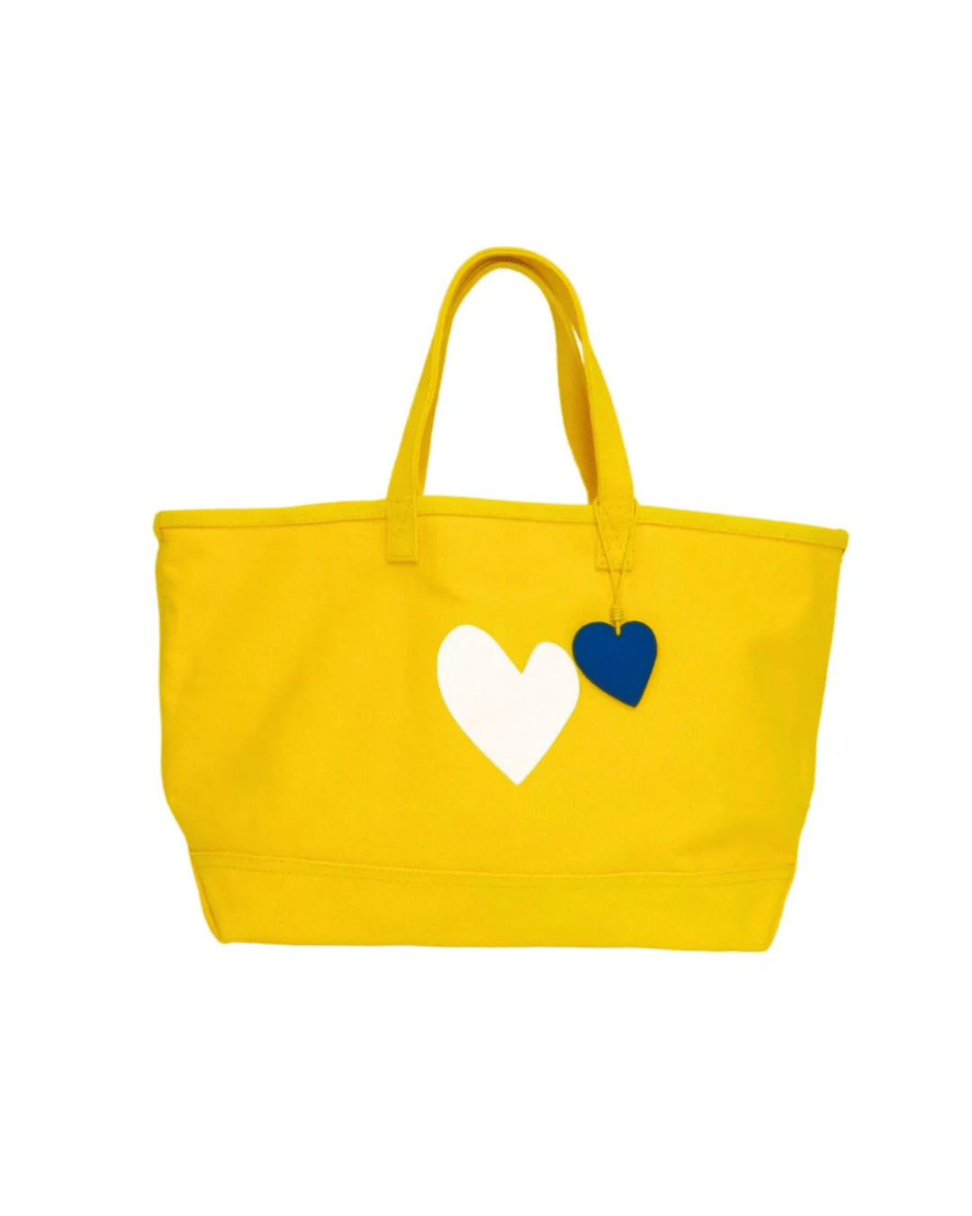 Sunshine yellow tote with white heart print and blue leather charm by Kerri Rosenthal, Imperfect Heart collection.