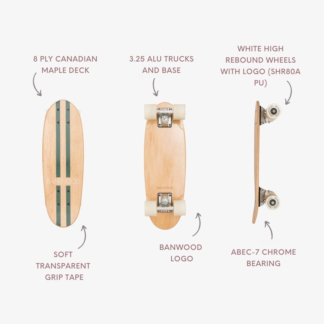 The BANWOOD SKATEBOARD - GREEN by Faire is shown from three angles, featuring an 8-ply Canadian maple deck, soft clear grip tape, 3.25" aluminum trucks, white high rebound wheels, ABEC-7 chrome bearings, and the Banwood logo.