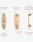 The BANWOOD SKATEBOARD - GREEN by Faire is shown from three angles, featuring an 8-ply Canadian maple deck, soft clear grip tape, 3.25" aluminum trucks, white high rebound wheels, ABEC-7 chrome bearings, and the Banwood logo.