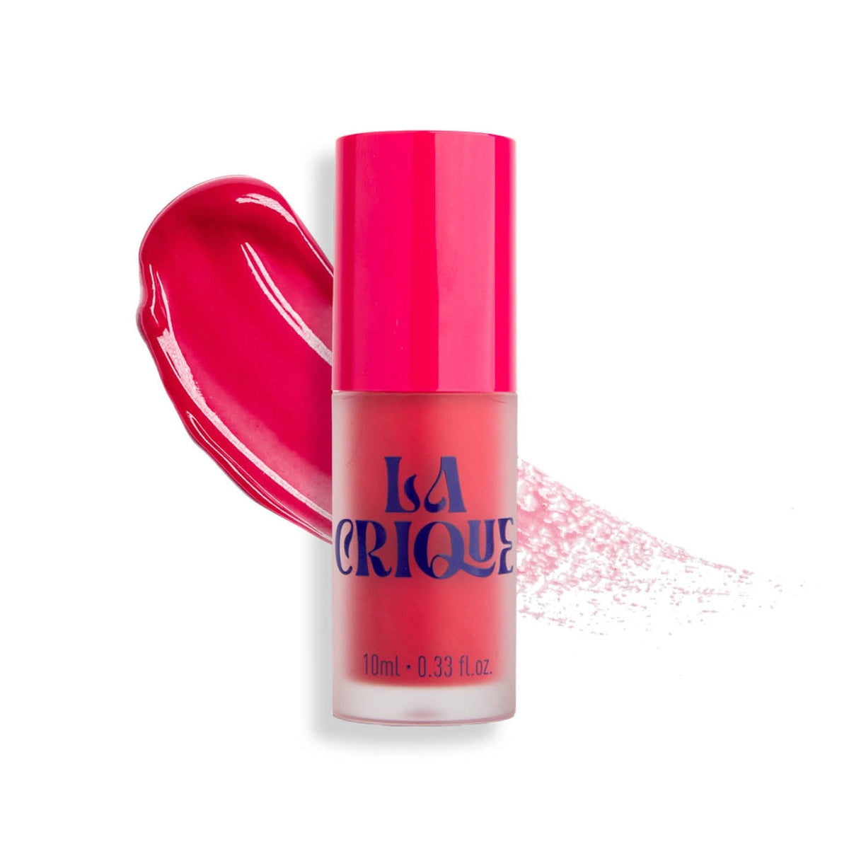 A pink bottle of Faire 04 Water Lip Balm Shade with a bright pink cap and bold blue lettering stands before a pink smear, offering a radiant matte finish for lips and cheeks.