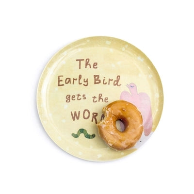 The Breakfast Club Plate Set by Sugarboo Designs features a donut on a round plate with "The Early Bird gets the Worm," plus a pink bird and green worm—perfect for your Breakfast Of Champions.