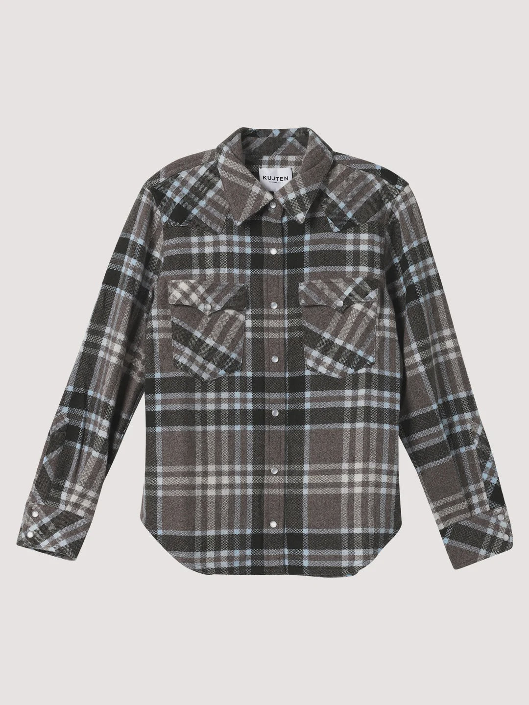 The KUJTEN Lumber L/S Shirt features a black, gray, and white plaid pattern with two chest flap pockets—ideal for layering over your favorite women's sweater.