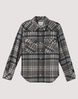 The KUJTEN Lumber L/S Shirt features a black, gray, and white plaid pattern with two chest flap pockets—ideal for layering over your favorite women's sweater.