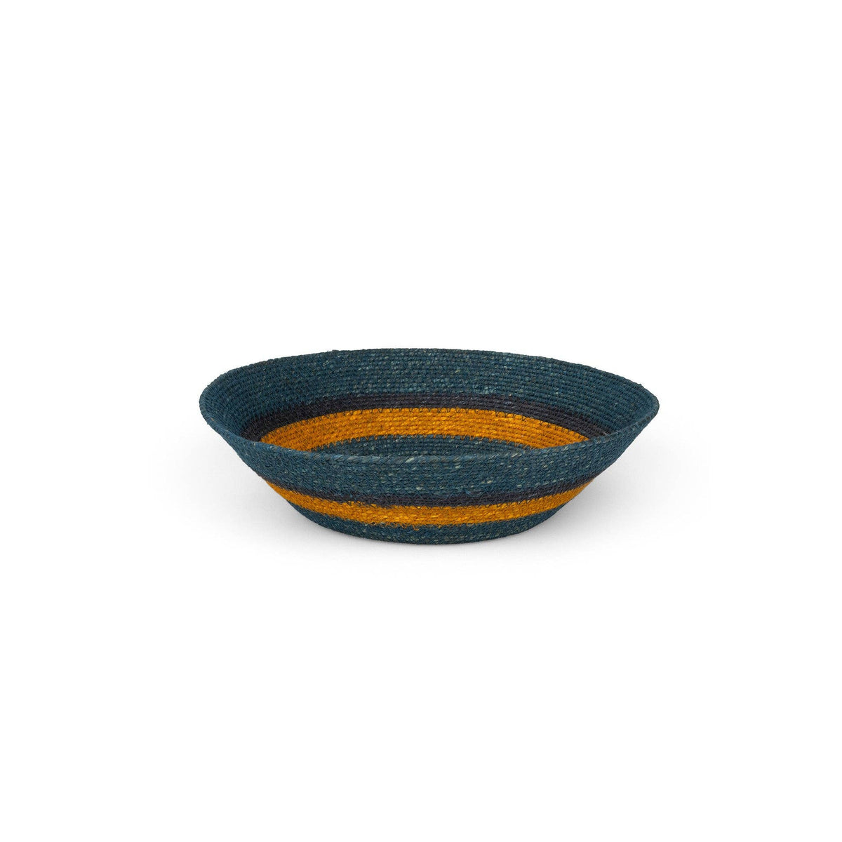 The Seagrass Small Bowl Pompadour by Faire is a shallow, oval seagrass basket with blue and orange stripes, ideal for eco-friendly home decor. Displayed on a white background.
