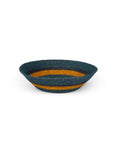 The Seagrass Small Bowl Pompadour by Faire is a shallow, oval seagrass basket with blue and orange stripes, ideal for eco-friendly home decor. Displayed on a white background.