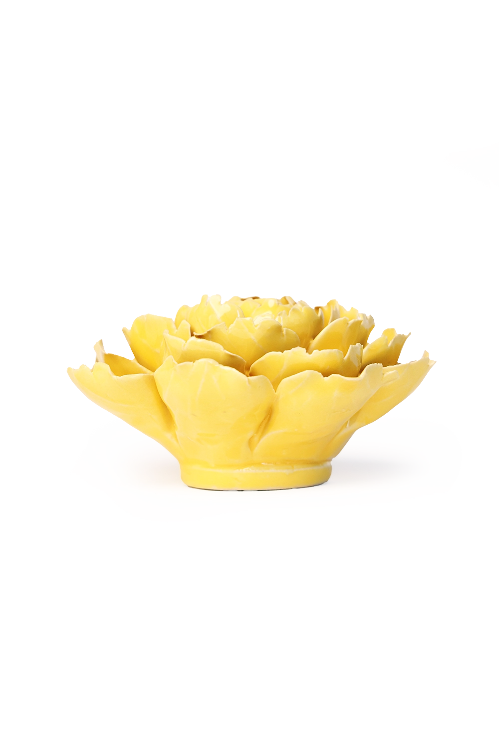 The Faire Buttercup Yellow Peony bowl, inspired by layered peony petals, features a vibrant ceramic flower design—ideal for lovers of floral ceramics—presented against a plain white background.