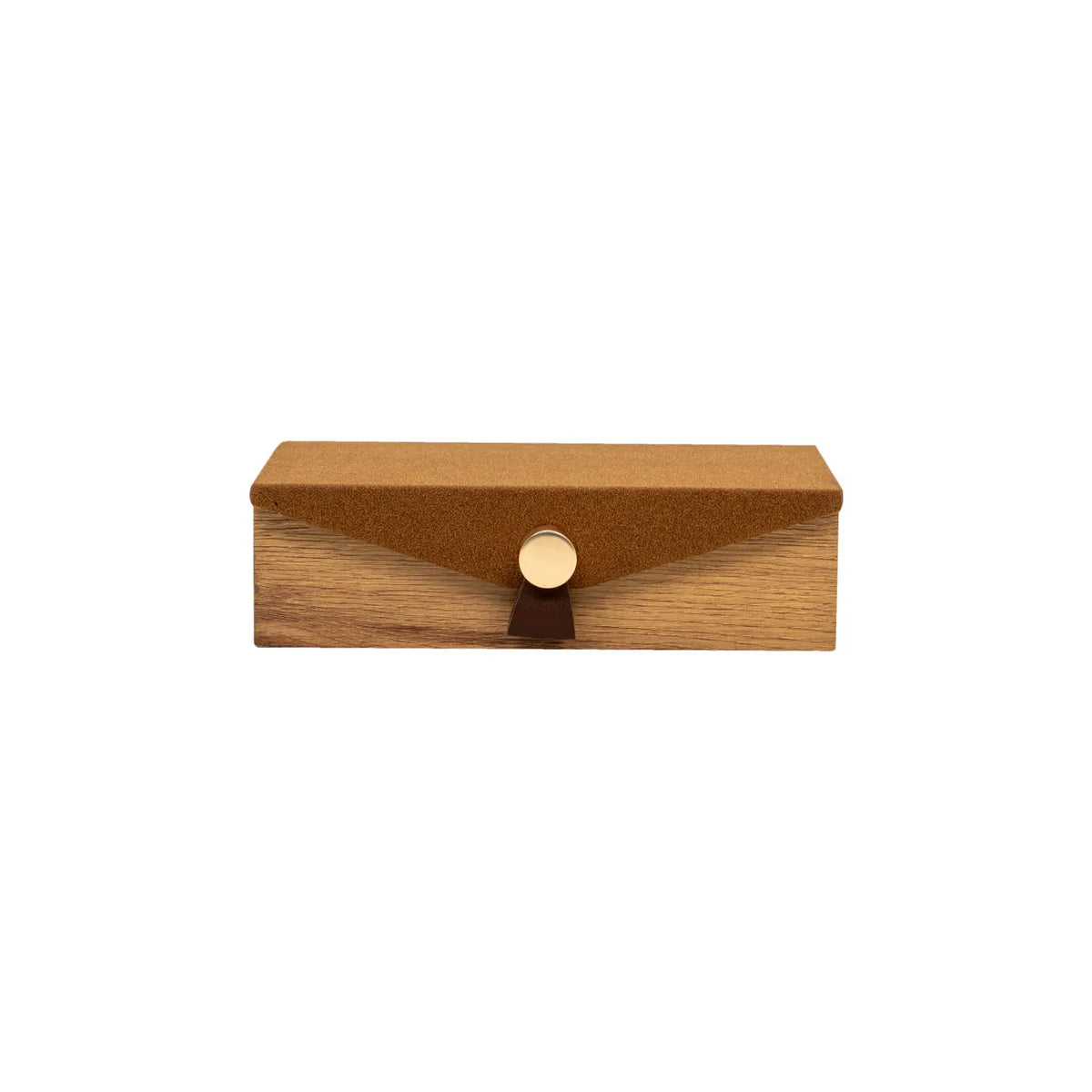 Harriett Box rectangular wood grain storage box with textured brown lid and gold button by Bungalow Furniture.