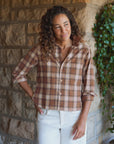 SILVIO Untuckable Button Up Shirt in brown and tan plaid, featuring a petite square fit and chest pocket.
