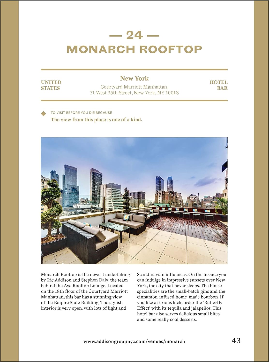 A page from “150 Bars You Need to Visit Before You Die” by Simon & Schuster Inc. features Monarch Rooftop, highlighting its unique bar design, NYC skyline views, detailed venue info, and the reasons it’s a top destination.