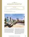A page from “150 Bars You Need to Visit Before You Die” by Simon & Schuster Inc. features Monarch Rooftop, highlighting its unique bar design, NYC skyline views, detailed venue info, and the reasons it’s a top destination.