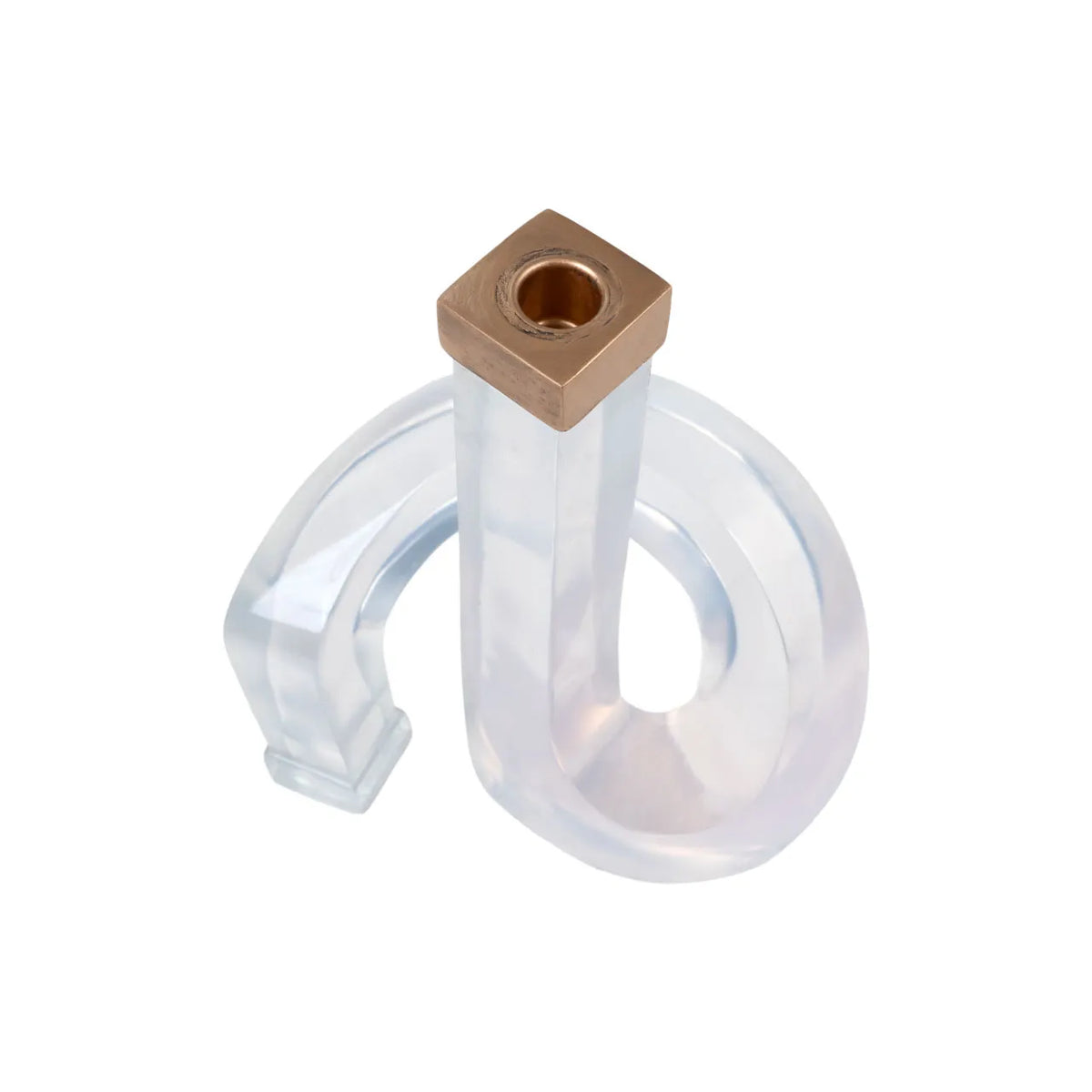 Almeda candleholder with a clear spiraling acrylic base and square brass socket by Bungalow Furniture &amp; Accessories.