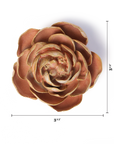 The Faire Peach Pink Peony is an artificial ceramic succulent flower with gold-tipped petals, shown from above. At 3.5 inches wide and tall, it's perfect for tabletop or wall decor, as indicated by black measurement lines.