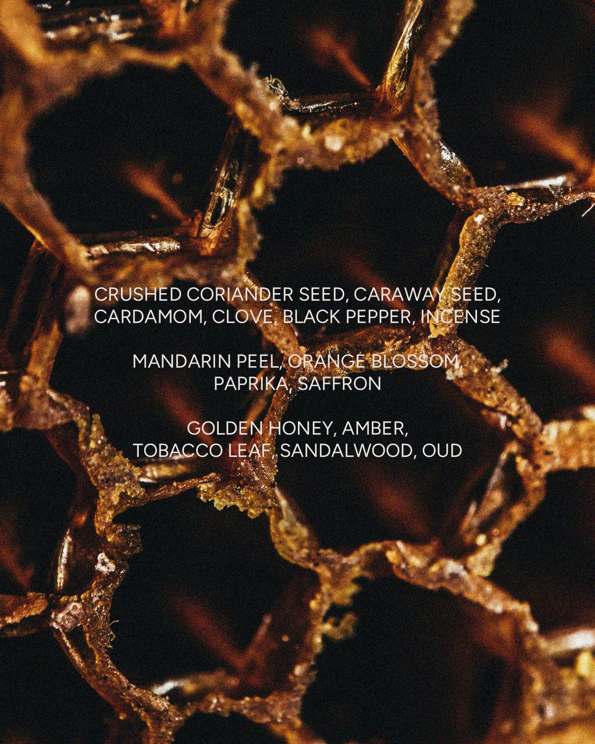 Close-up of warm golden honeycomb with text listing aromatic notes—spices, citrus, saffron, honey, tobacco leaf, sandalwood, oud—evoking the rich scent of Faire’s HONEYPUNK 12 oz spiced honey candle made from scented soy wax.