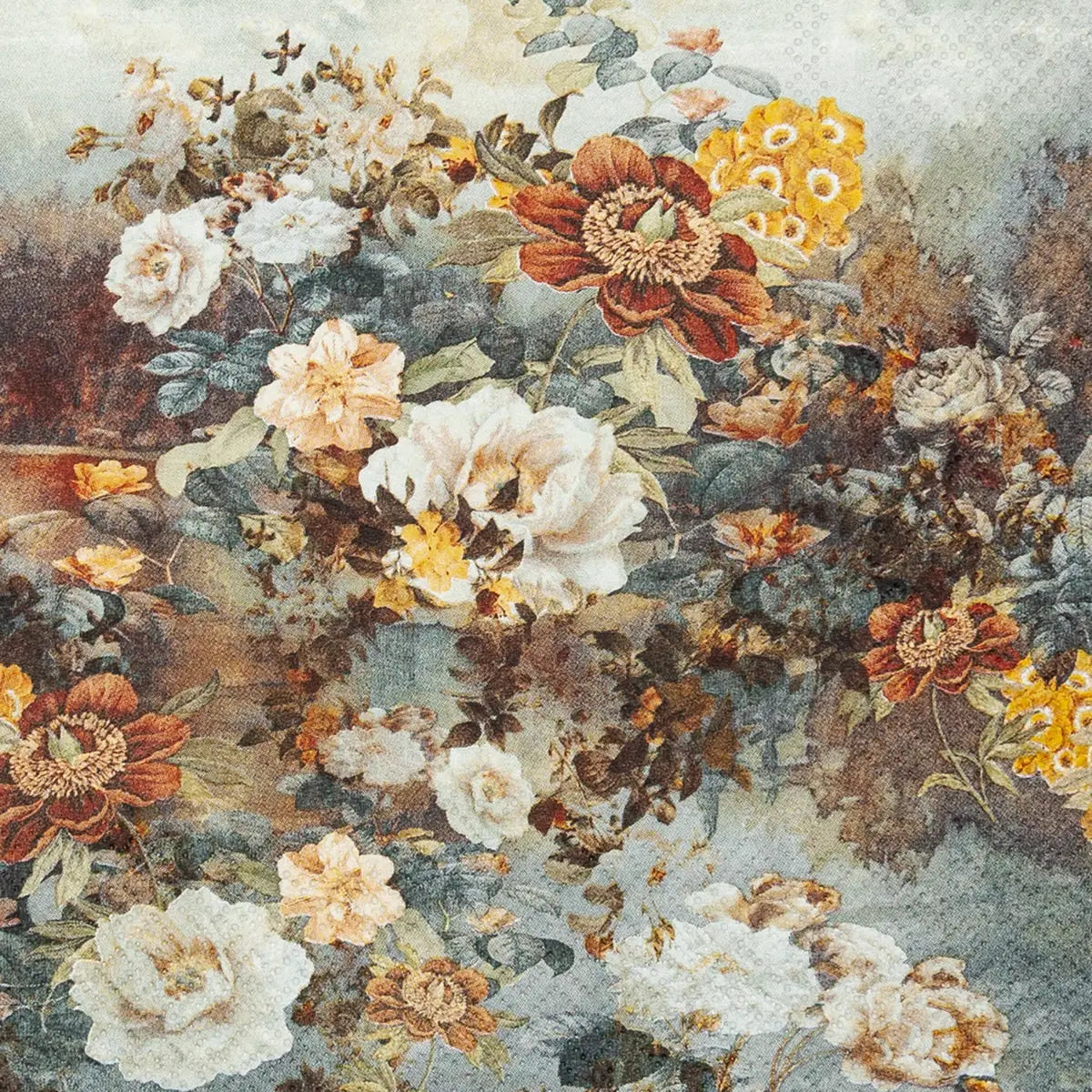 The Boston Cocktail Napkins by Faire showcase a vintage-style floral pattern with large cream, red, yellow, and orange flowers and green foliage on a textured background—ideal for adding elegance to any gathering.