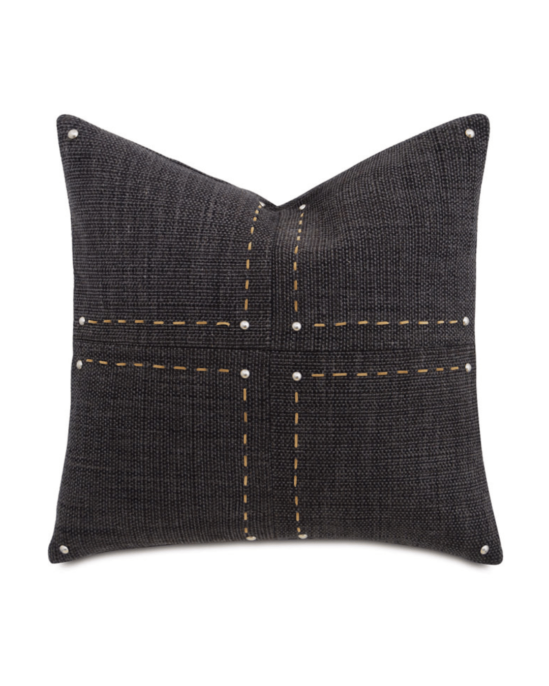 The Gilmer Charcoal Pillow by Eastern Accents features dark gray textured fabric with yellow cross-stitching and silver nailhead accents at the corners and intersections, shown against a white background.