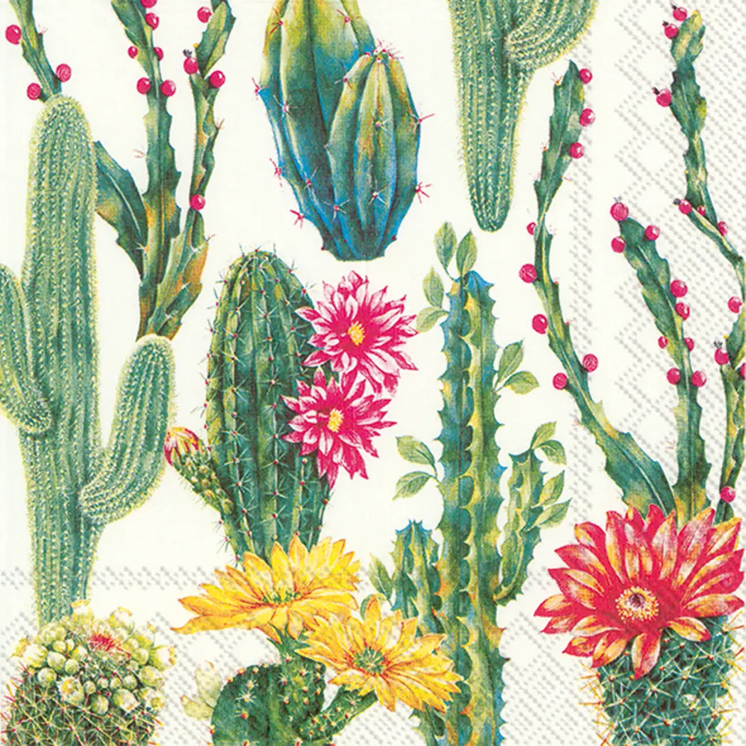 Boston Cocktail Napkins by Faire feature green cacti with pink and yellow flowers plus red berries on a white textured background—a vibrant pattern ideal for festive gatherings or adding flair to your napkin assortment.
