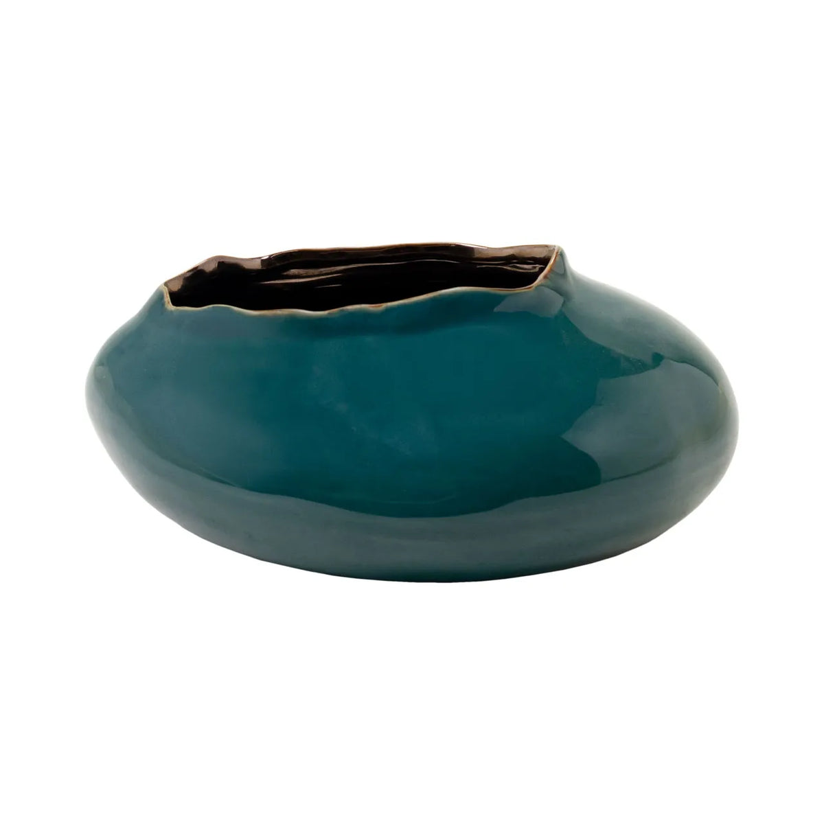 Low-profile teal ceramic Ilaria Short Vase with a smooth organic shape and dark interior rim by Bungalow.