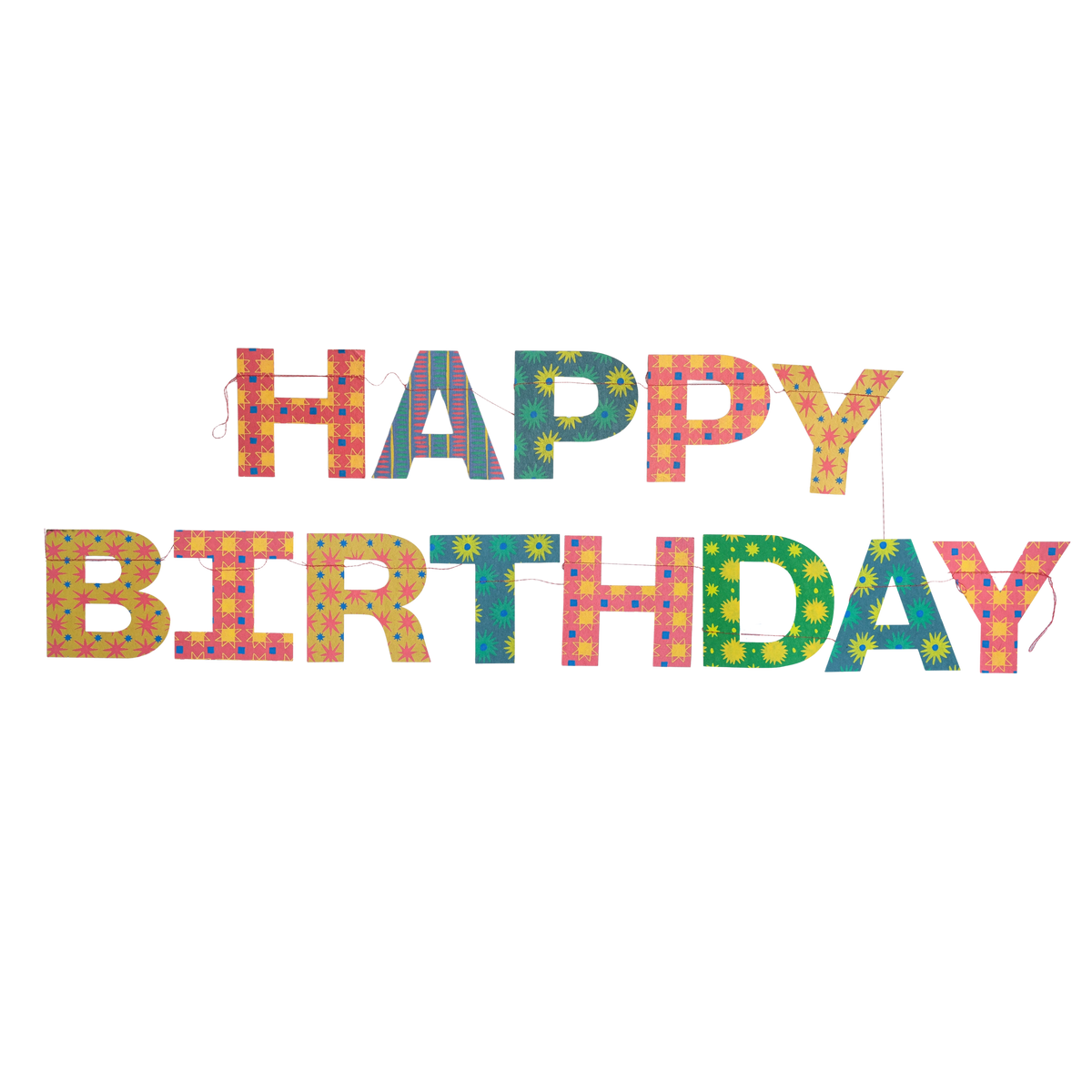 Colorful patterned Happy Birthday paper garland by Faire, with festive chains, perfect for party decor.