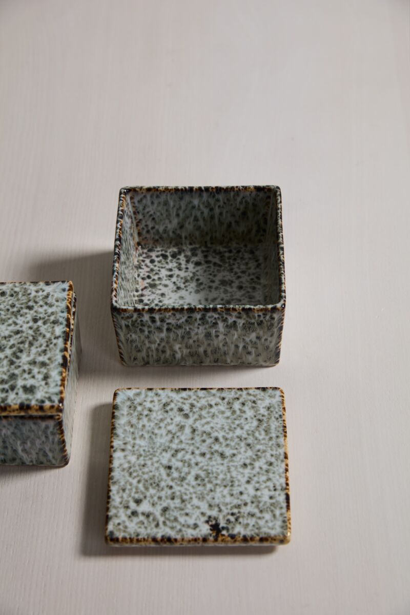 The Whisper Lidded Box by Accent Decor, a square ceramic piece with a speckled textured glaze, comes with two matching lids. Open to display its interior, it’s perfect for storing jewelry; one lid is shown resting beside it on a light surface.