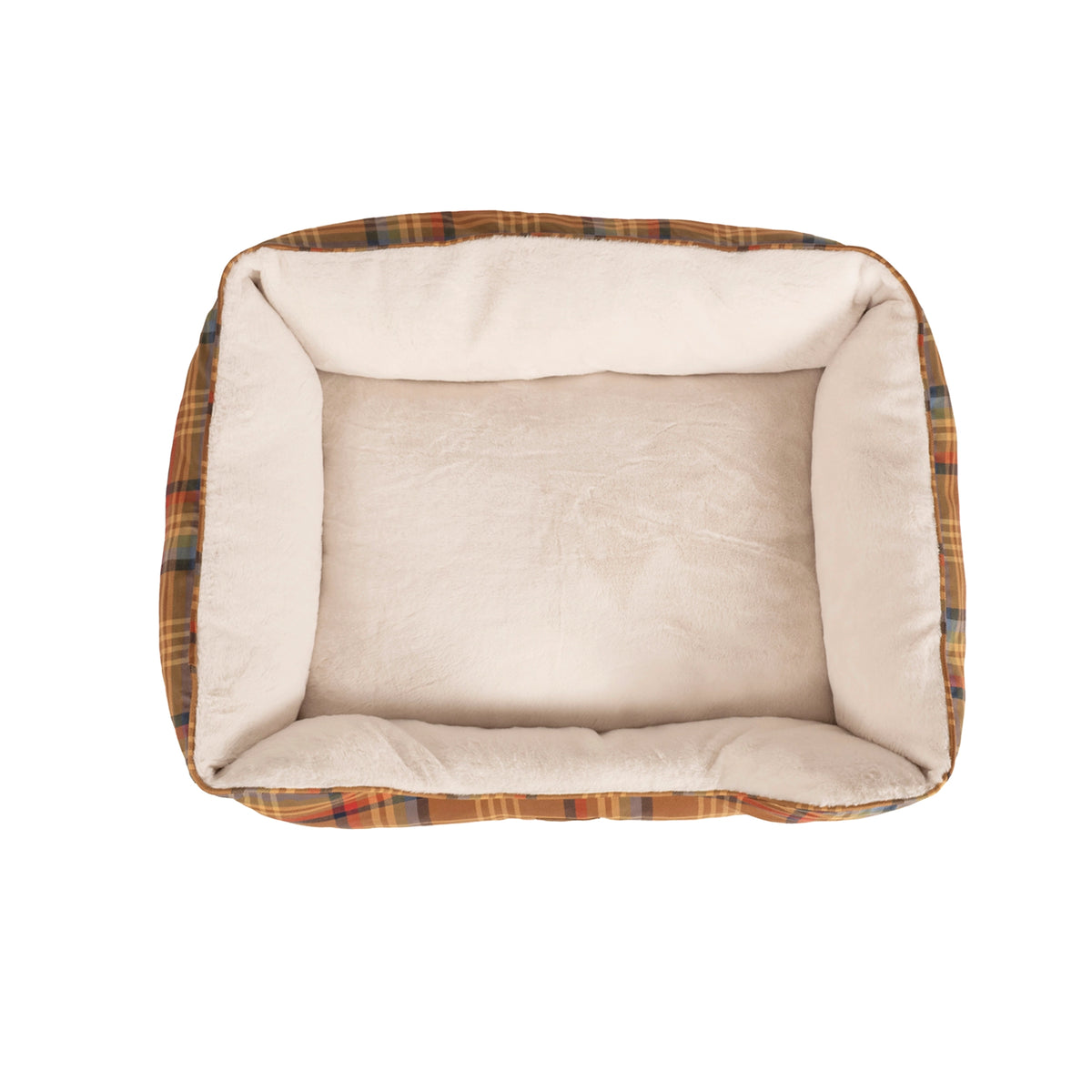 Large Pendleton plaid and cream faux fur Kuddler bolster dog bed from Bungalow Furniture & Accessories.