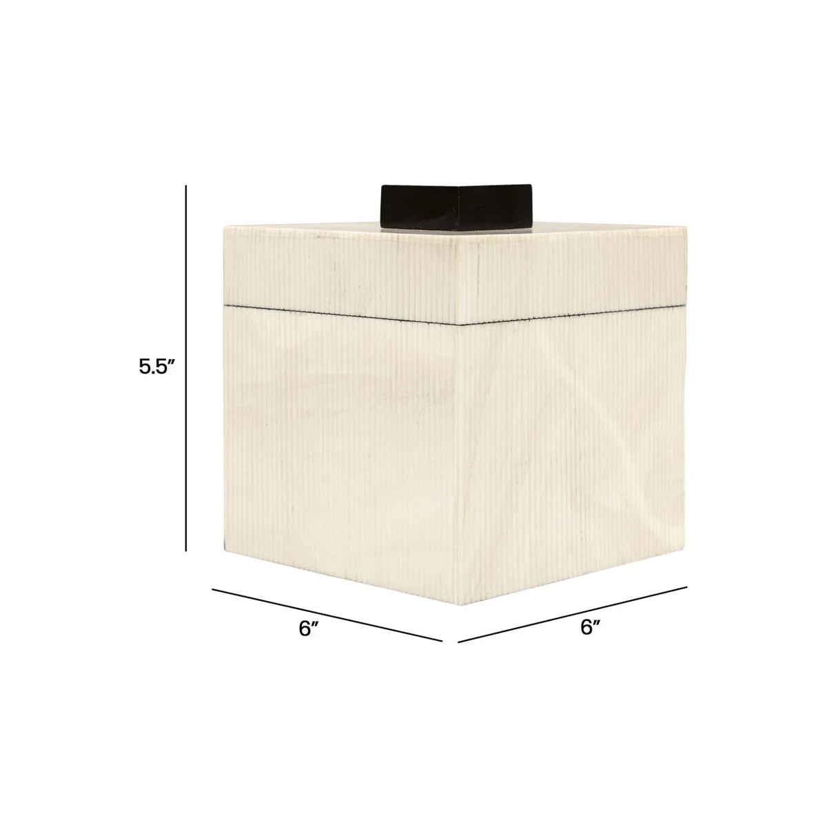 The Import Collection’s 46-056 Foley Box is a square, cream-colored storage box with a black lid, measuring 6"W x 6"D x 5.5"H. Featuring measurement lines and labels, it's perfect for modern home decor.