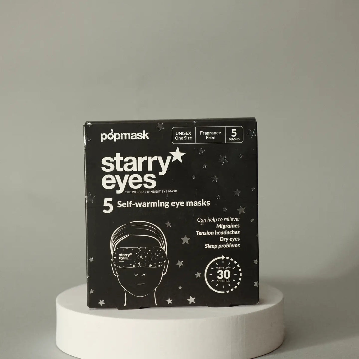 A black box displays Faire's eye masks, featuring a silhouette of a person wearing a star-patterned eye mask. Ideal for migraines, sleep issues, travelers, and sleepovers. Contains 5 self-warming masks.
