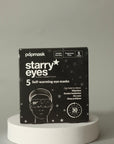 A black box displays Faire's eye masks, featuring a silhouette of a person wearing a star-patterned eye mask. Ideal for migraines, sleep issues, travelers, and sleepovers. Contains 5 self-warming masks.
