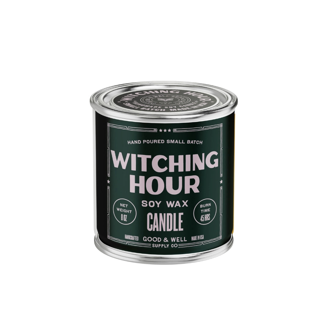 Green tin Witching Hour Soy Candle by Faire, patchouli sandalwood scent, limited edition, 45-hour burn.