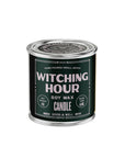 Green tin Witching Hour Soy Candle by Faire, patchouli sandalwood scent, limited edition, 45-hour burn.